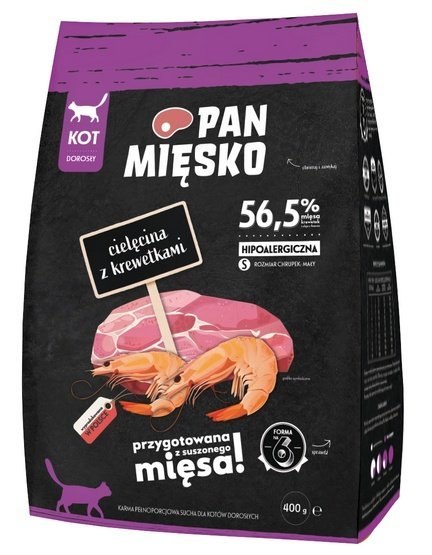 Pan Mięsko Karma sucha dla kota - cielęcina i krewetki chrupki S 400g Pan Mięsko Karma sucha dla kota - cielęcina i krewetki chrupki S 400g