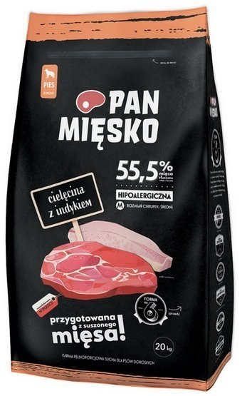 Pan Mięsko Karma sucha dla psa - cielęcina i indyk chrupki M 20kg Pan Mięsko Karma sucha dla psa - cielęcina i indyk chrupki M 20kg