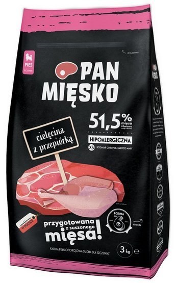 Pan Mięsko Karma sucha dla szczeniąt - cielęcina i przepiórka chrupki XS 3kg Pan Mięsko Karma sucha dla szczeniąt - cielęcina i przepiórka chrupki XS 3kg